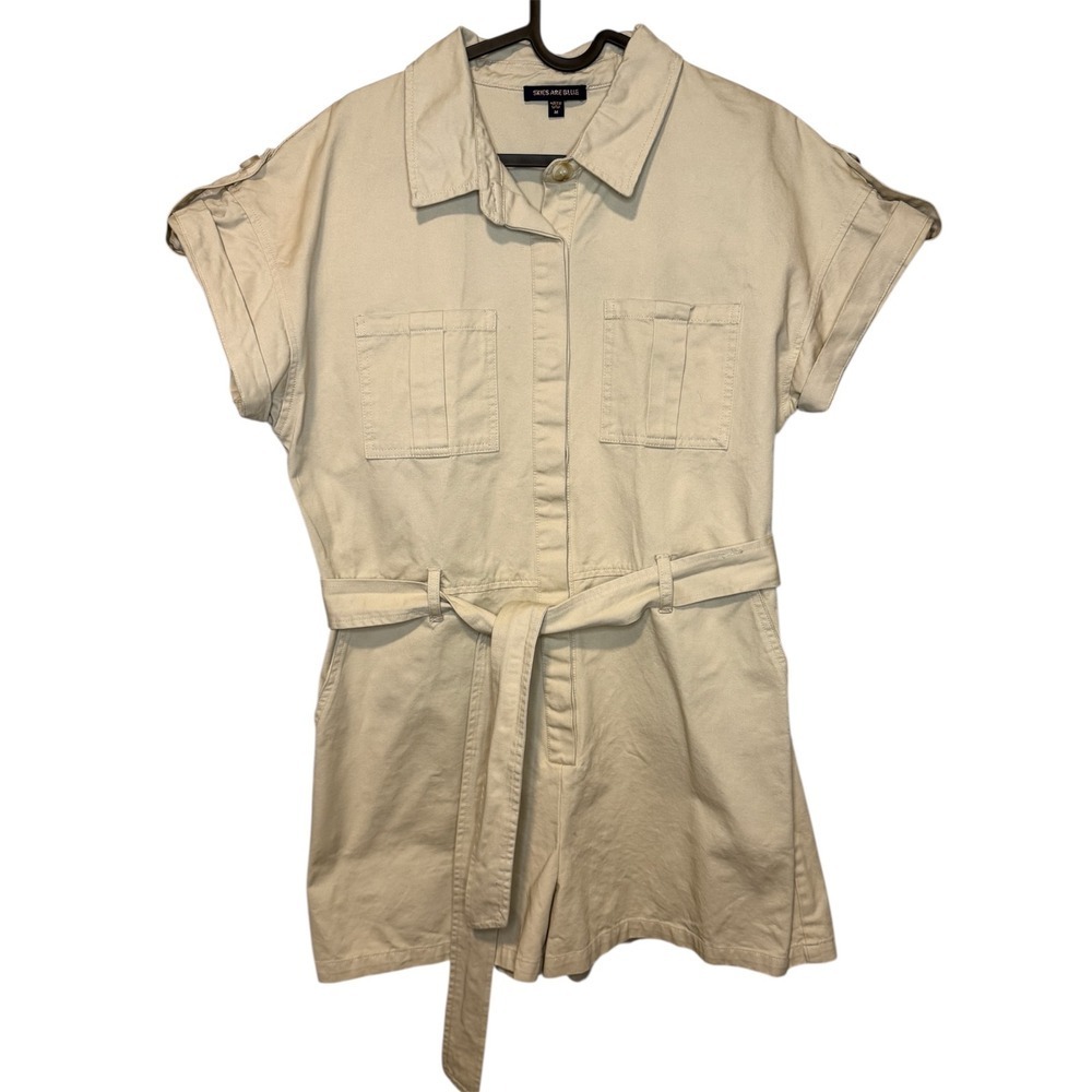 Skies Are Blue Women's Romper Jumpsuit Shorts Beige Utility Style Medium